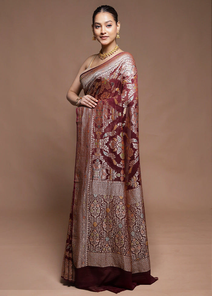 Maroon Handloom Pure Georgette Saree With Blouse Piece
