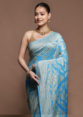 Blue Handloom Pure Georgette Saree With Blouse Piece