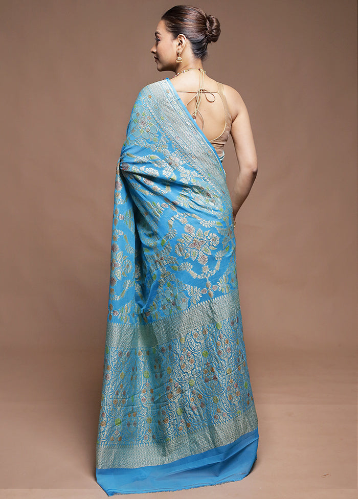 Blue Handloom Pure Georgette Saree With Blouse Piece