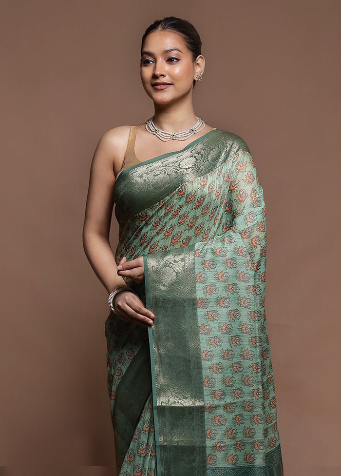 Green Dupion Silk Saree With Blouse Piece
