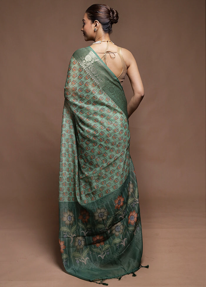 Green Dupion Silk Saree With Blouse Piece