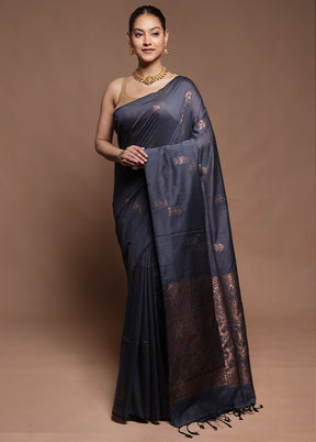 Grey Dupion Silk Saree With Blouse Piece