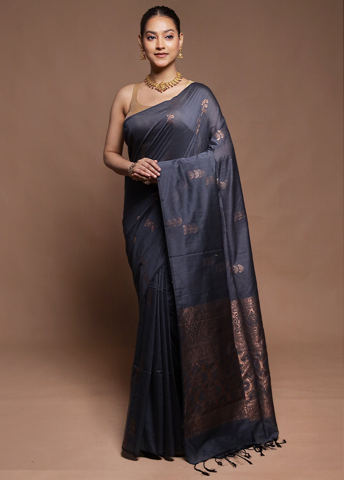 Grey Dupion Silk Saree With Blouse Piece