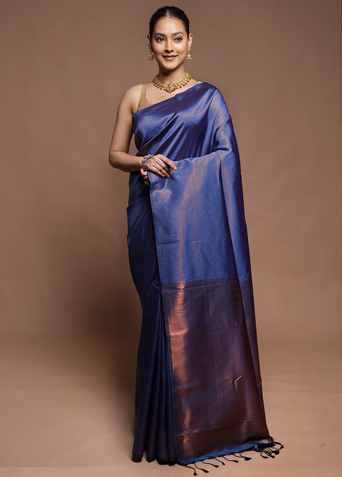 Blue Dupion Silk Saree With Blouse Piece