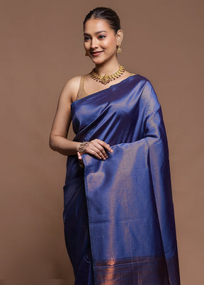 Blue Dupion Silk Saree With Blouse Piece