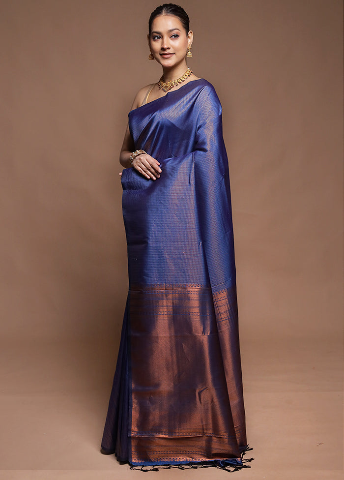 Blue Dupion Silk Saree With Blouse Piece