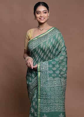 Green Chanderi Cotton Saree With Blouse Piece