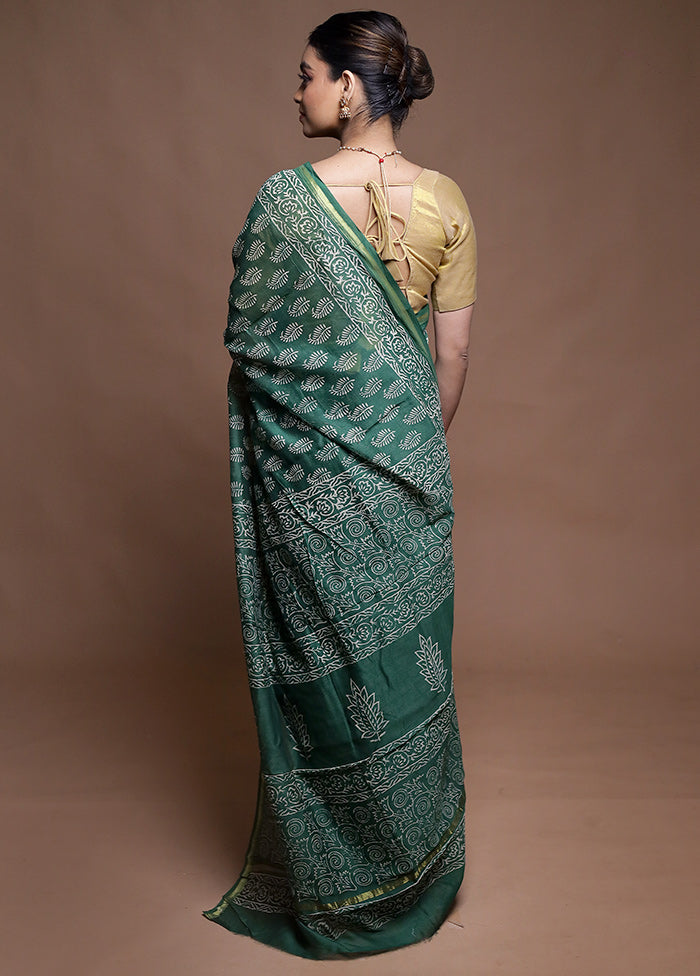 Green Chanderi Cotton Saree With Blouse Piece