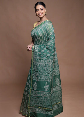 Green Chanderi Cotton Saree With Blouse Piece