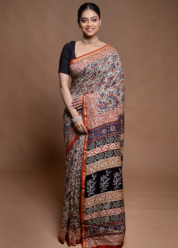 Cream Chanderi Cotton Saree With Blouse Piece