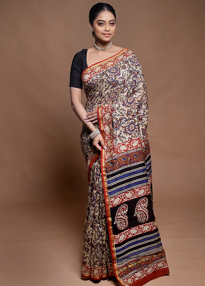 Cream Chanderi Cotton Saree With Blouse Piece