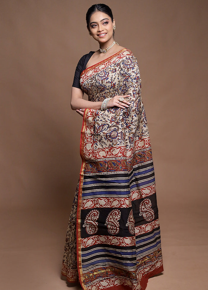 Cream Chanderi Cotton Saree With Blouse Piece