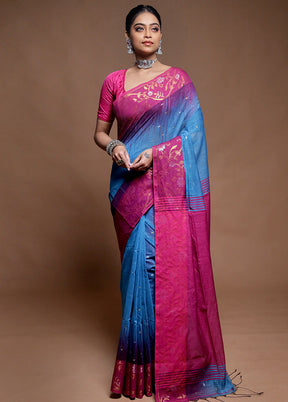 Blue Cotton Saree With Blouse Piece
