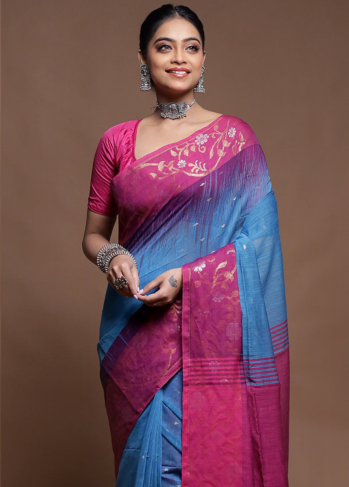 Blue Cotton Saree With Blouse Piece
