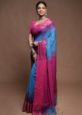 Blue Cotton Saree With Blouse Piece
