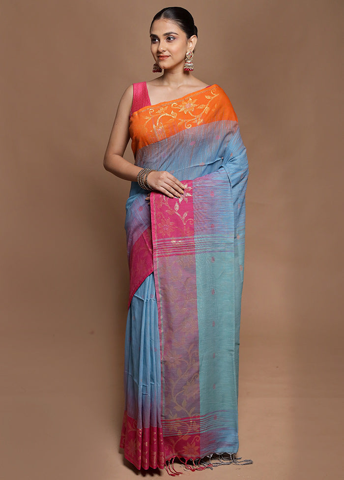 Blue Cotton Saree With Blouse Piece