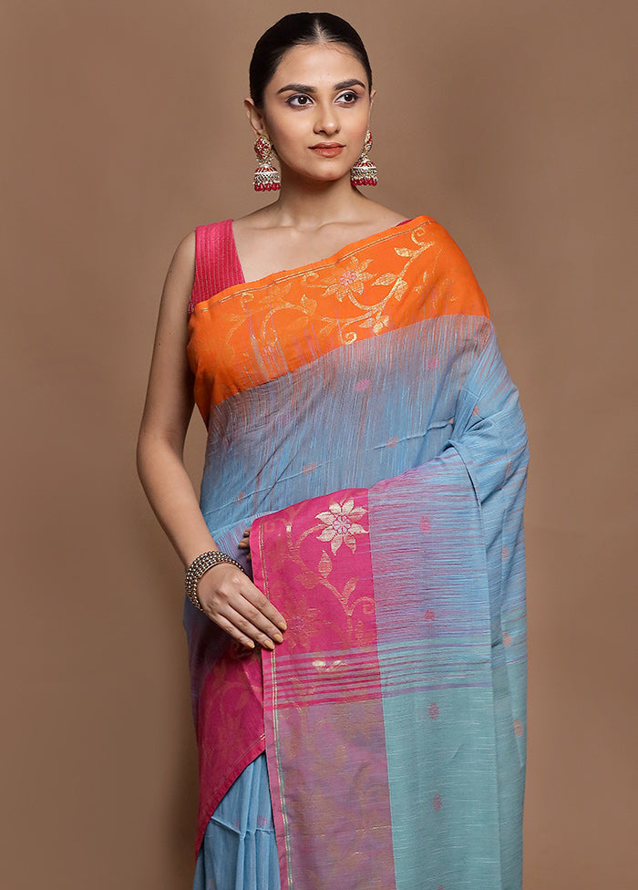 Blue Cotton Saree With Blouse Piece