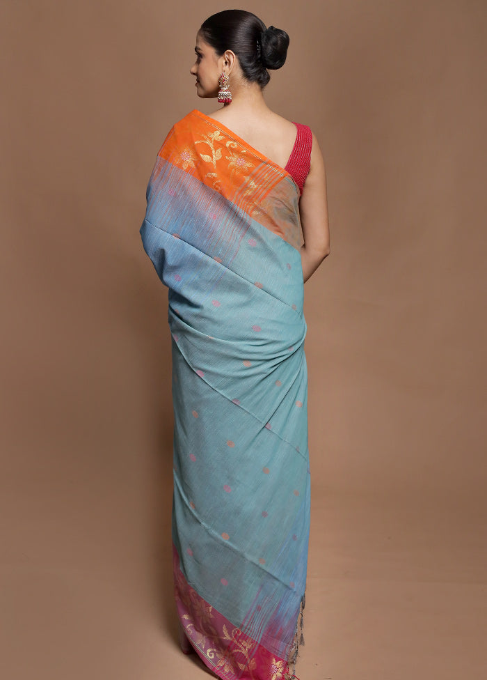 Blue Cotton Saree With Blouse Piece