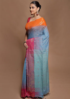 Blue Cotton Saree With Blouse Piece