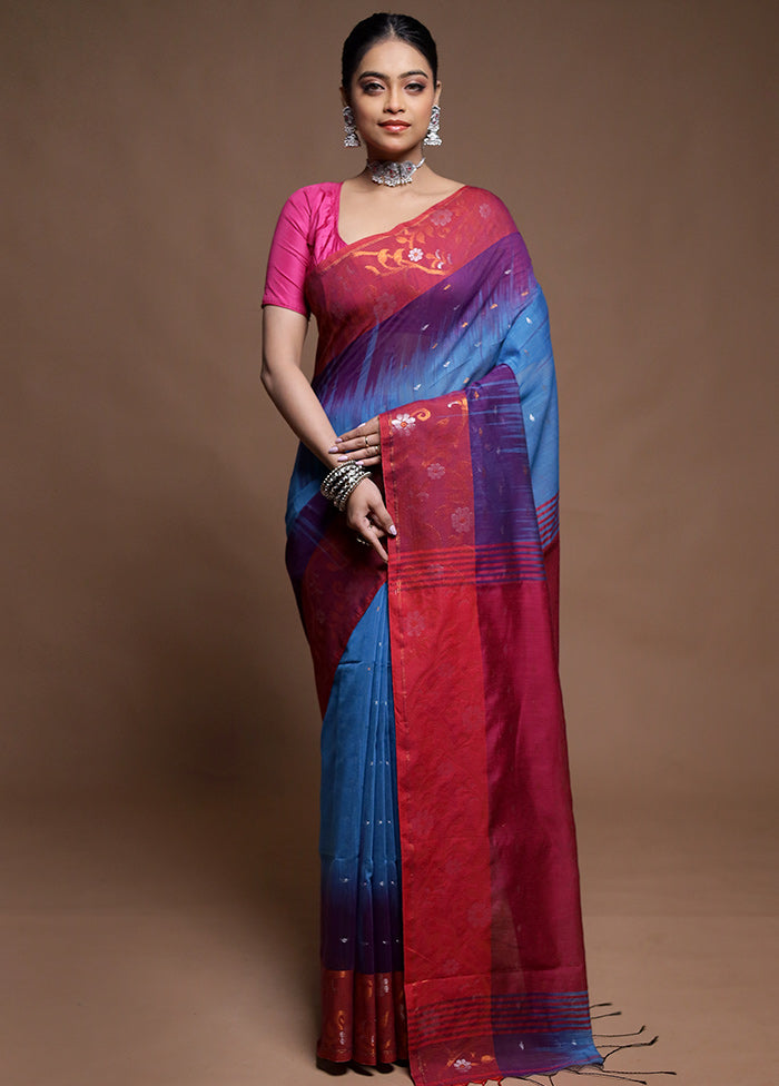 Blue Cotton Saree With Blouse Piece