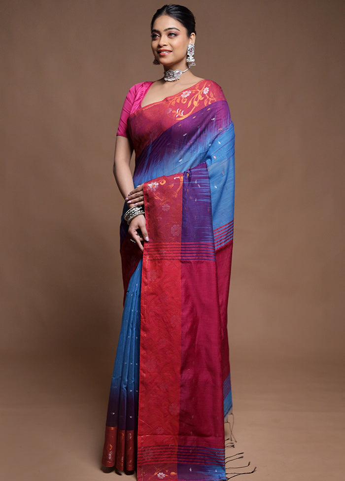 Blue Cotton Saree With Blouse Piece