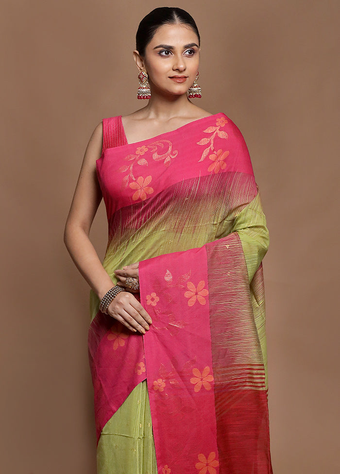Green Cotton Saree With Blouse Piece