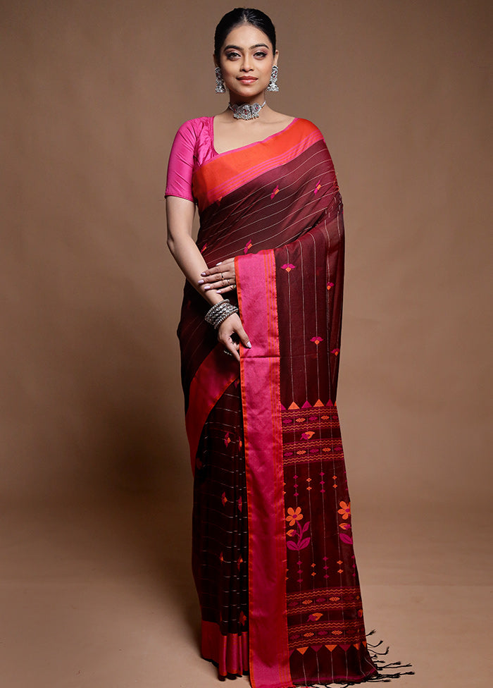 Maroon Cotton Saree With Blouse Piece