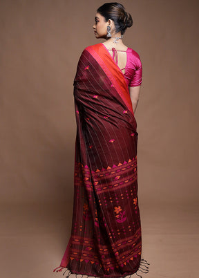 Maroon Cotton Saree With Blouse Piece