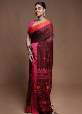 Maroon Cotton Saree With Blouse Piece