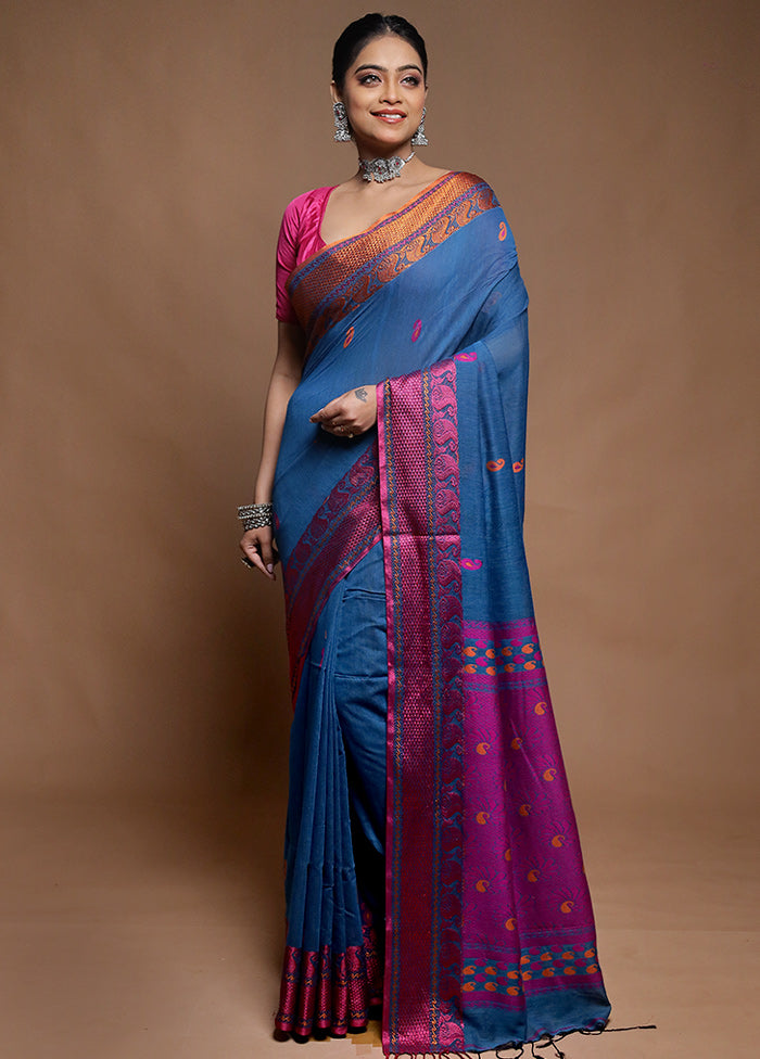 Blue Cotton Saree With Blouse Piece