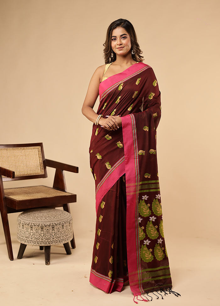 Maroon Khadi Cotton Saree With Blouse Piece