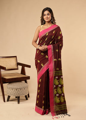 Maroon Khadi Cotton Saree With Blouse Piece
