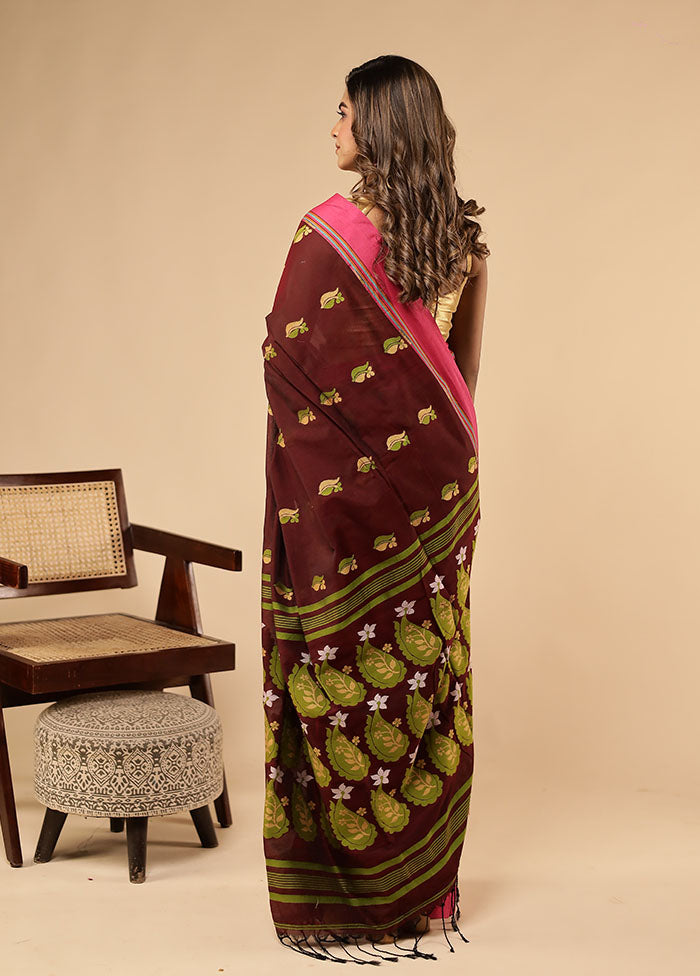 Maroon Khadi Cotton Saree With Blouse Piece