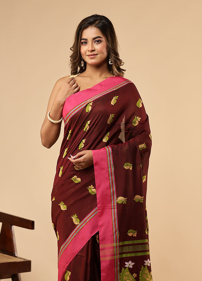 Maroon Khadi Cotton Saree With Blouse Piece