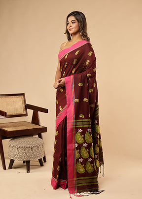 Maroon Khadi Cotton Saree With Blouse Piece