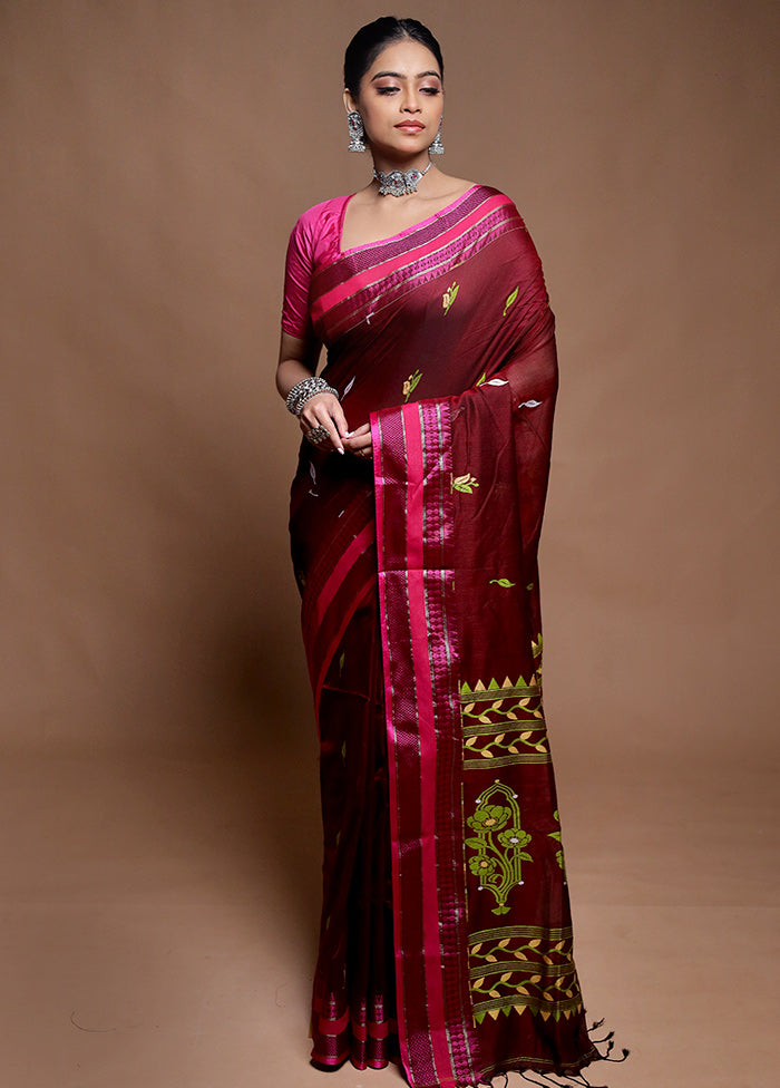 Maroon Pure Cotton Saree With Blouse Piece