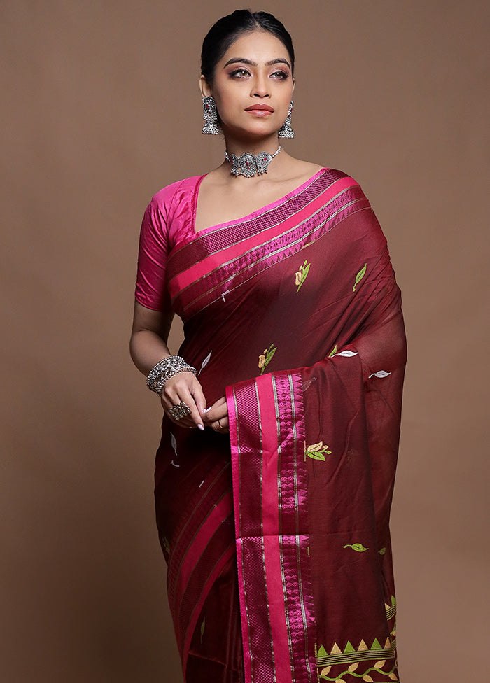 Maroon Pure Cotton Saree With Blouse Piece