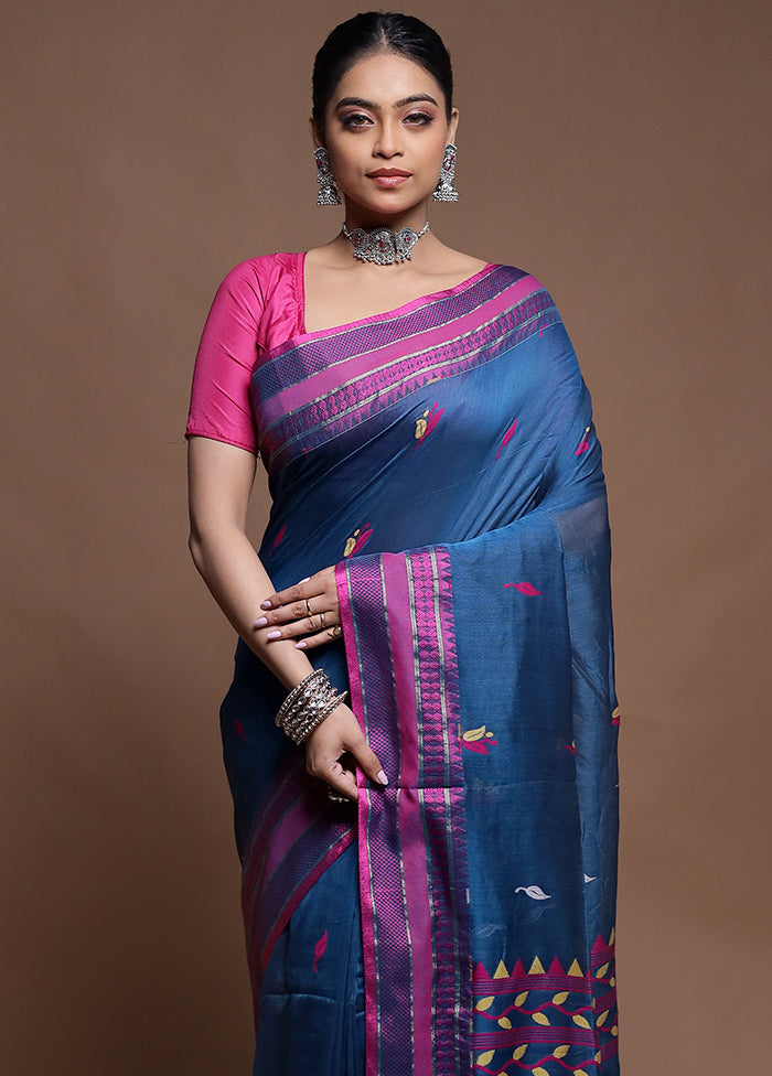 Blue Pure Cotton Saree With Blouse Piece