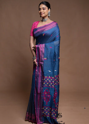 Blue Pure Cotton Saree With Blouse Piece