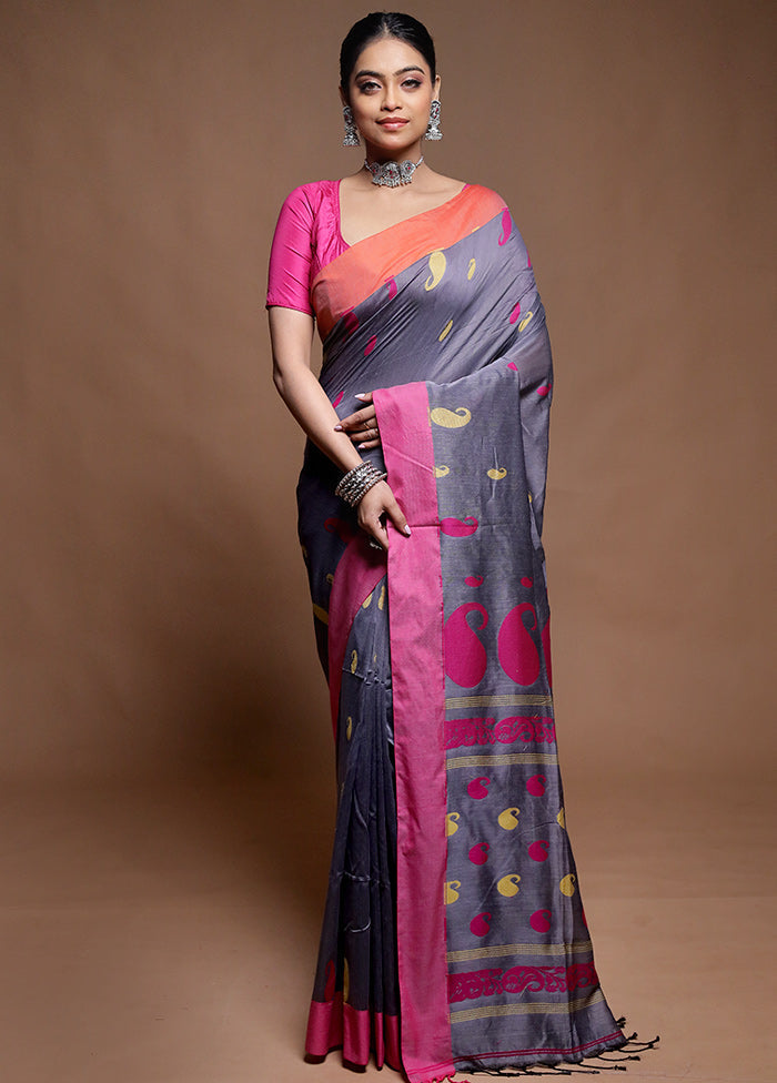 Grey Pure Cotton Saree With Blouse Piece