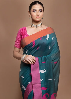 Green Pure Cotton Saree With Blouse Piece