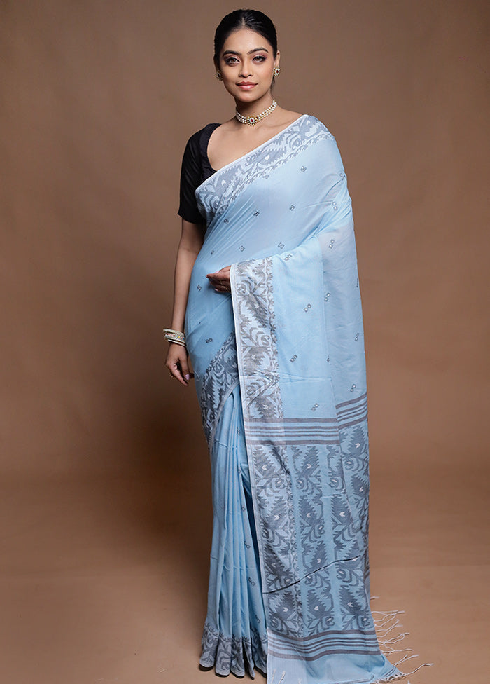 Blue Pure Cotton Saree With Blouse Piece