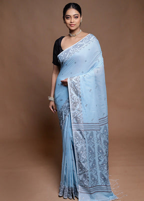 Blue Pure Cotton Saree With Blouse Piece