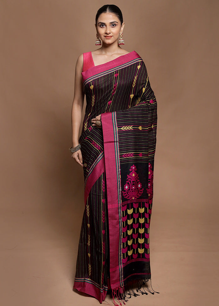 Black Pure Cotton Saree With Blouse Piece