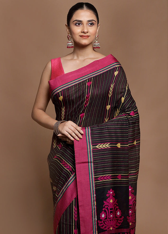 Black Pure Cotton Saree With Blouse Piece