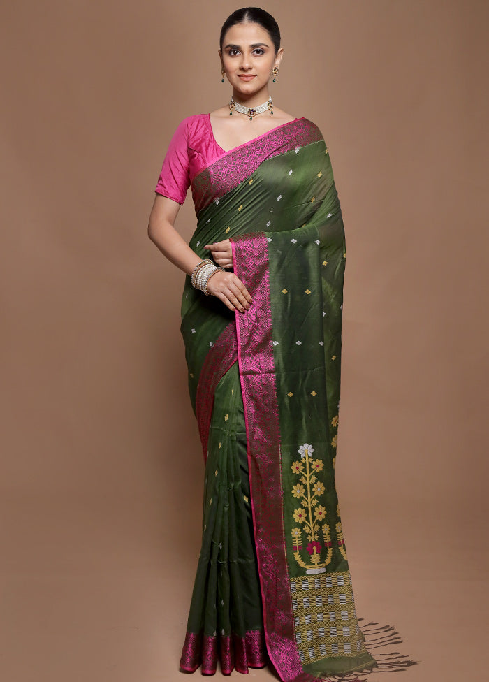 Green Pure Cotton Saree With Blouse Piece