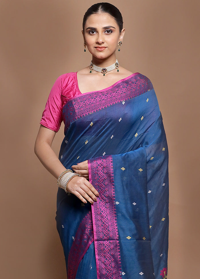 Blue Pure Cotton Saree With Blouse Piece