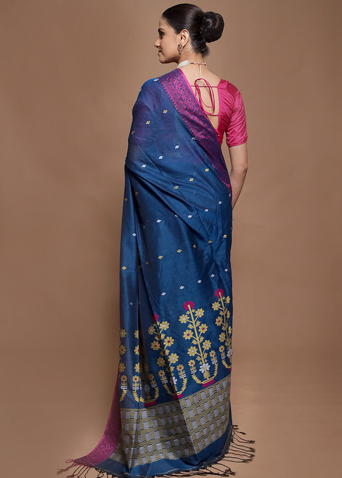 Blue Pure Cotton Saree With Blouse Piece