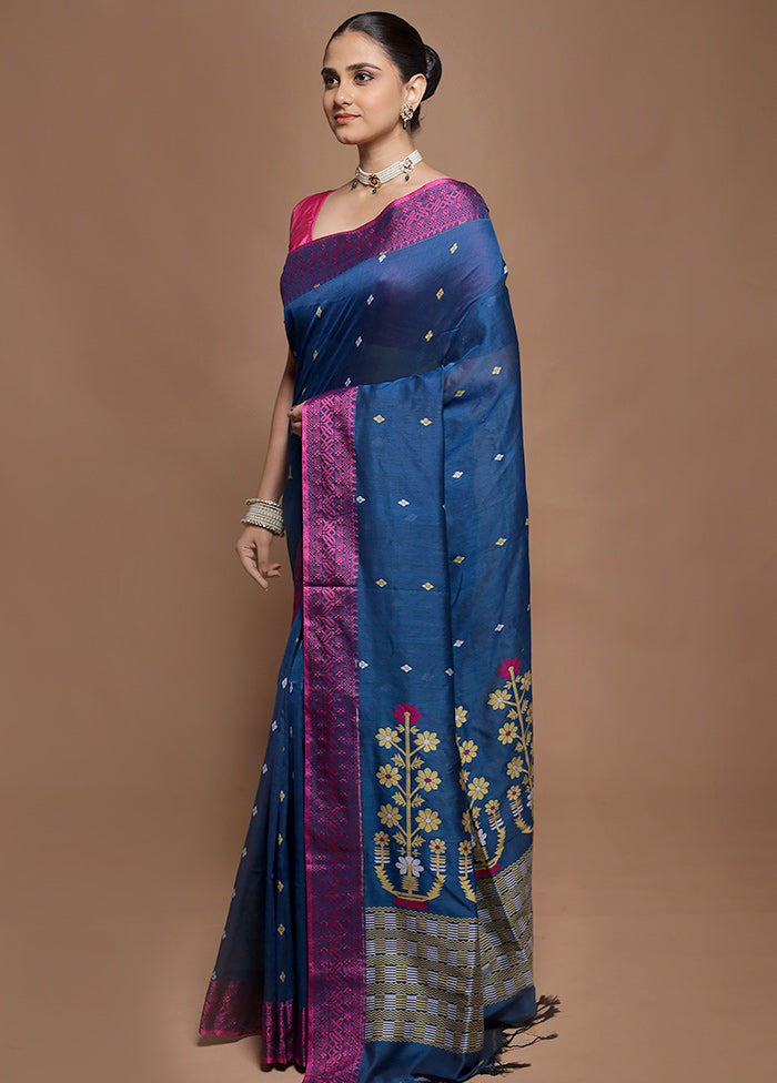 Blue Pure Cotton Saree With Blouse Piece