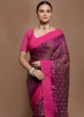 Purple Pure Cotton Saree With Blouse Piece